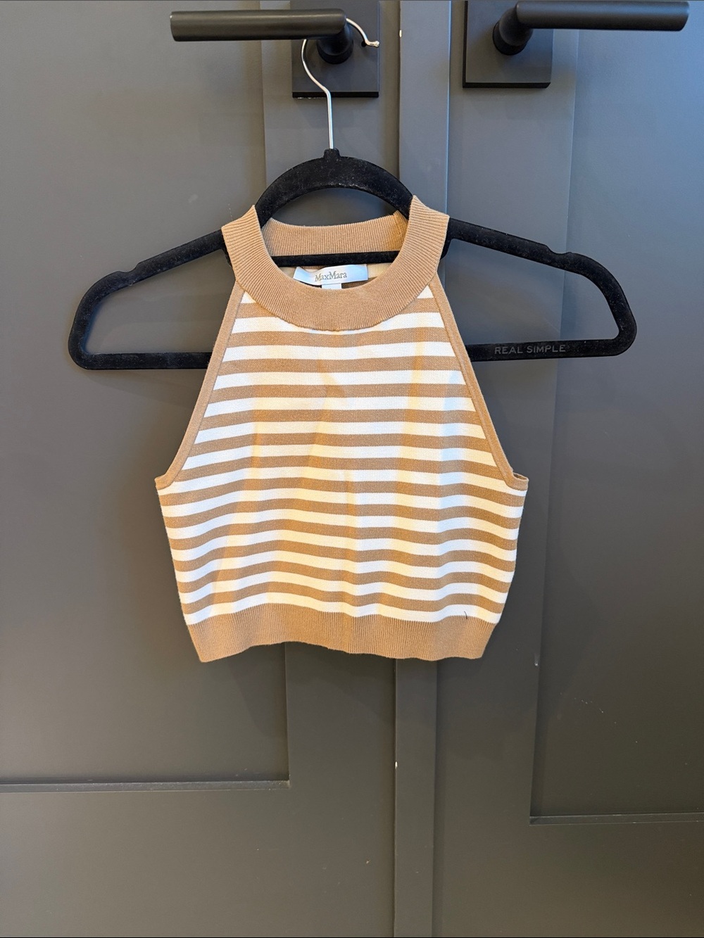 Max Mara Tan and White Striped Cropped Knit Halter Tank